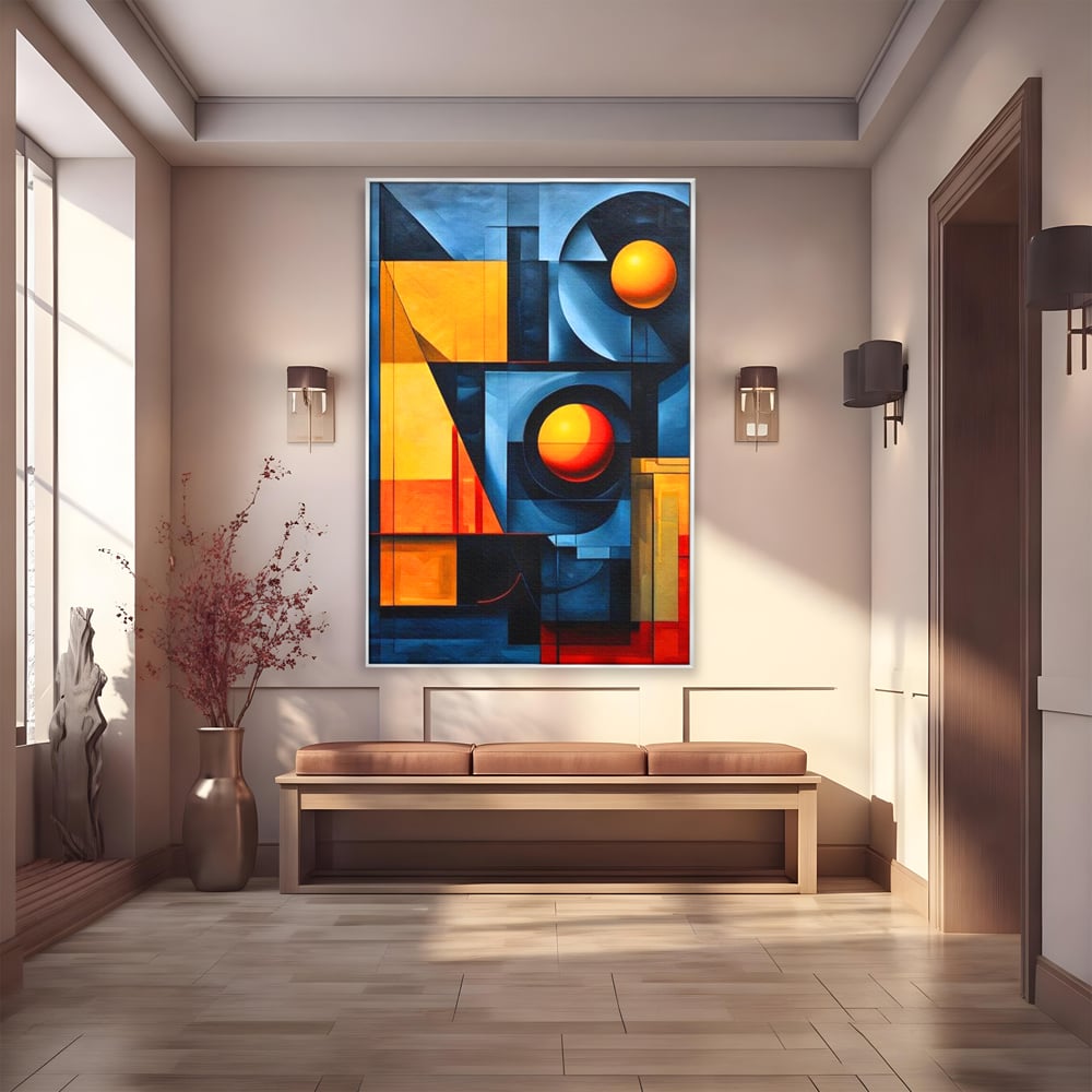 Tablou canvas cu pictura abstracta cu forme geometrice, in rama de aluminiu argintiu